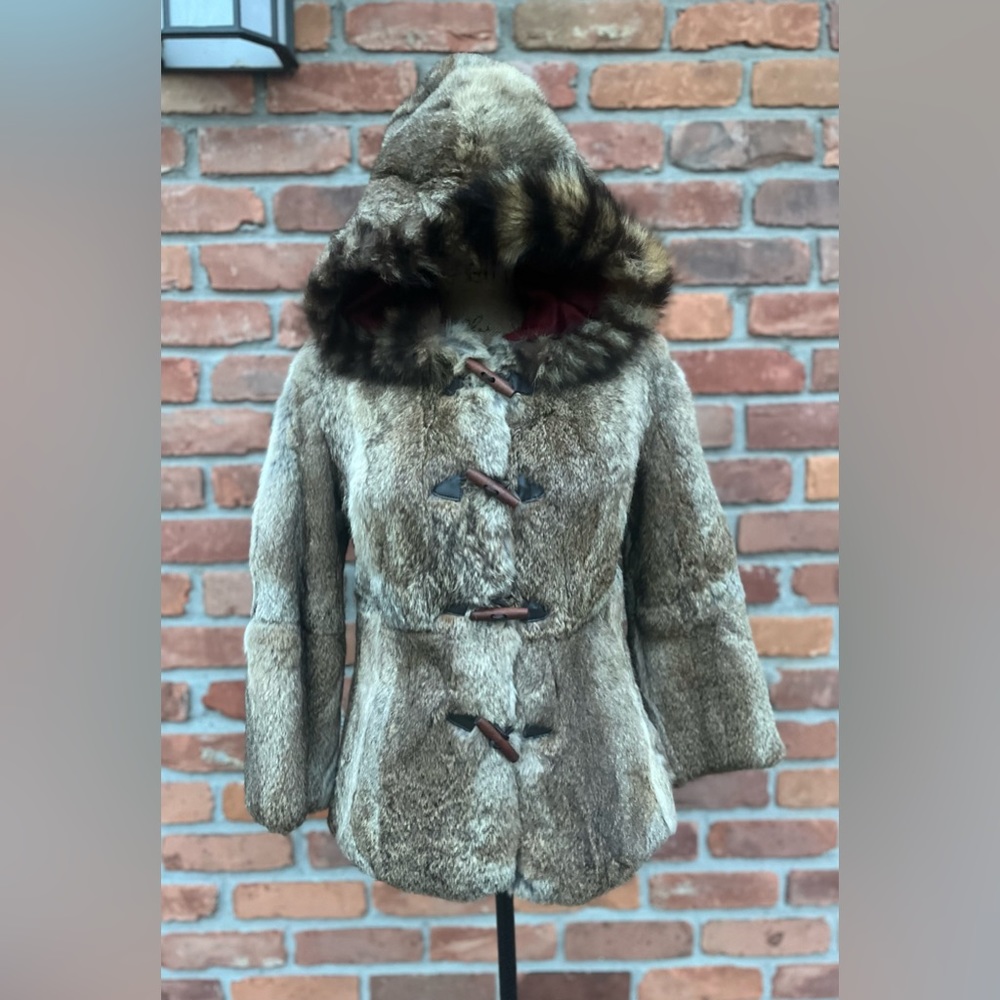 Vintage Frost Bros 100% Rabbit Fur Hooded Coat w/Toggle closures Sz Small EUC